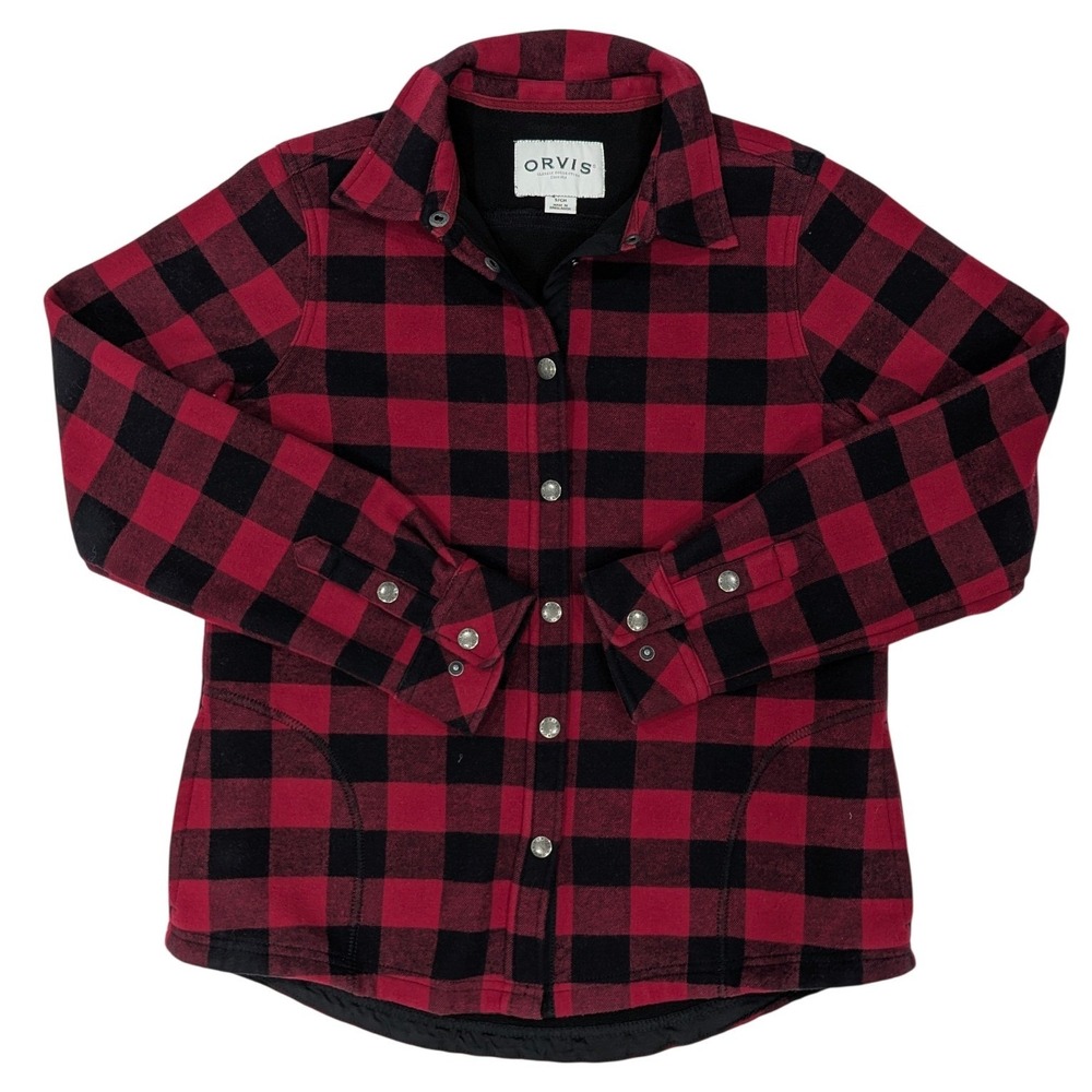 ORVIS Red Black Buffalo Plaid Fleece Lined Shacket Snap Button Gorpcore S‎ - Picture 7 of 12